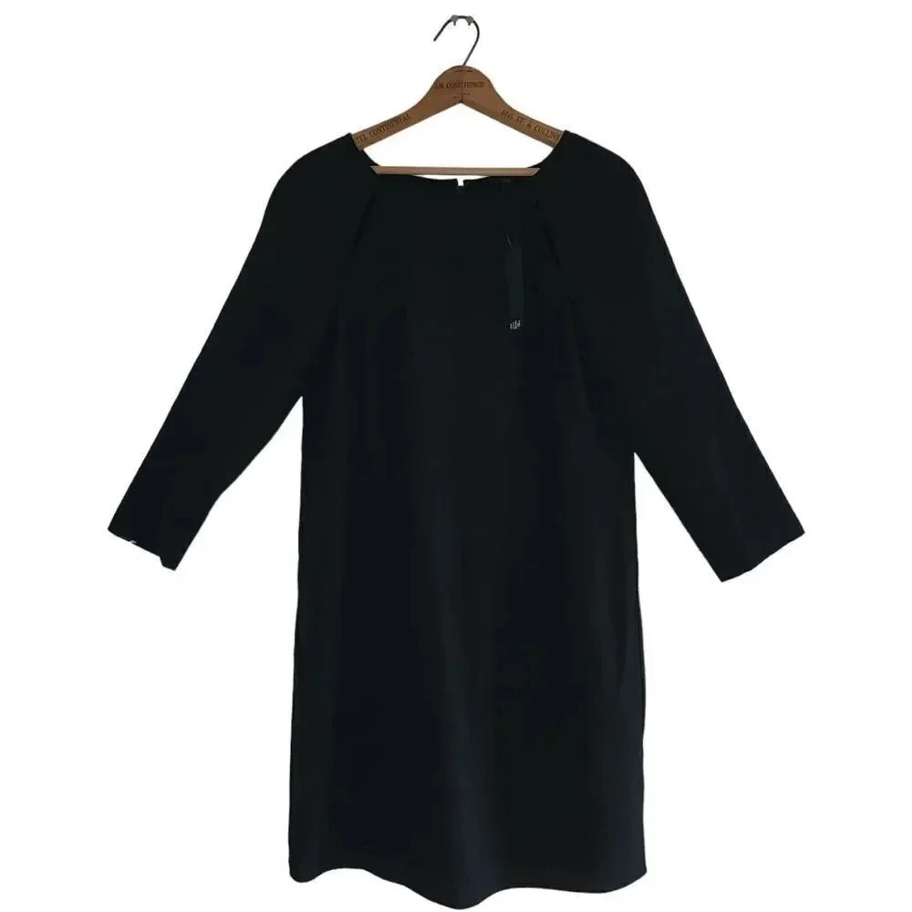 New $400 TIBI Black Slip Dress Womens Size 6 3/4 Sleeve Round Neck Pullover
